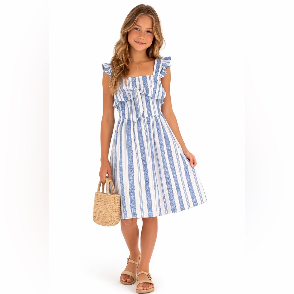 Emily West Blue and White Ruffled Tiered Sundress